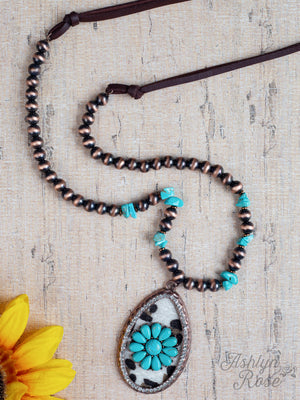 WESTERN GAL LEOPARD TEARDROP NECKLACE WITH BRONZE AND TURQUOISE