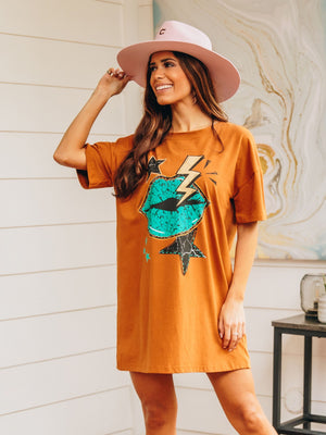 Turquoise Thunder Lips on rust T-Shirt Dress - Rust / One Size